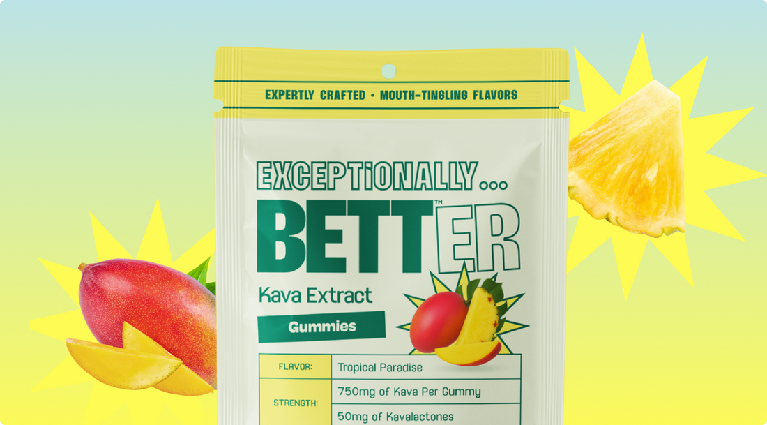 Pouch of 'BETTER' Kava Extract gummies, Tropical Paradise flavor, mango and pineapple graphics, label text and dosage table