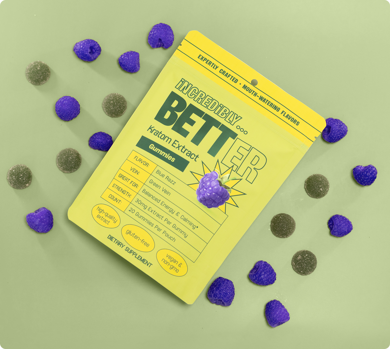 Yellow pouch of kratom gummies with purple berry illustration on green background, surrounded by purple and gray felt balls