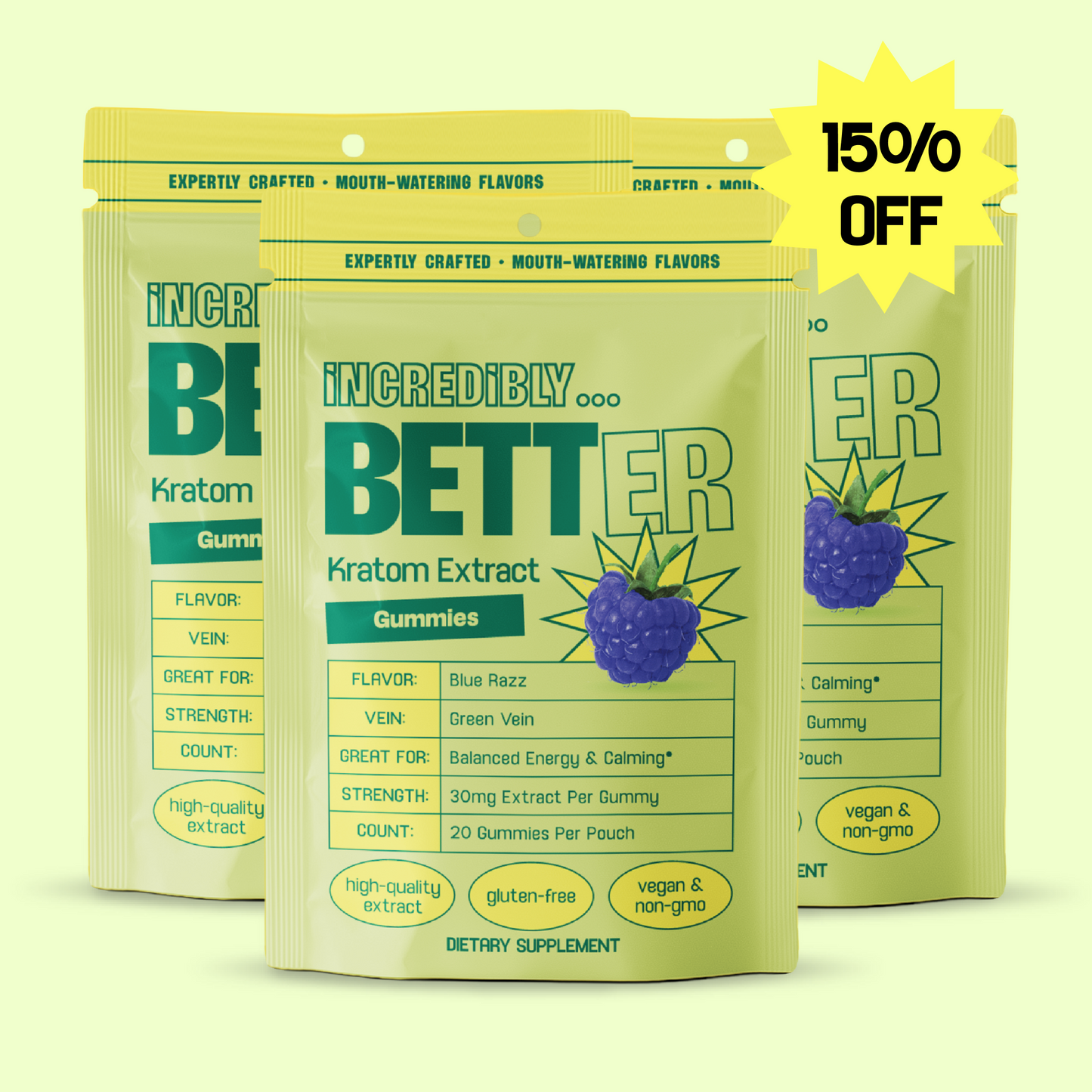 Yellow-green pouches labeled 'TIGER' and 'BETTER' with 'Kratom Extract Gummies', purple berry graphic, and '150% OFF' badge.