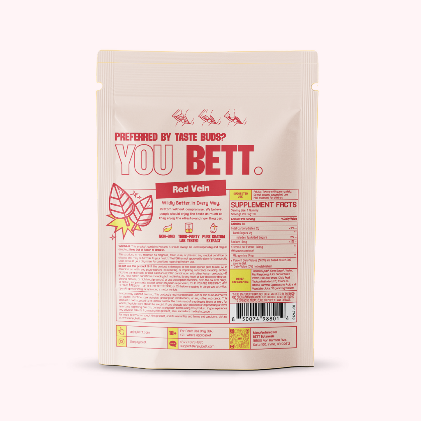 Stand-up pouch of Red Vein Kratom gummies, large 'YOU BETT.' logo and nutrition facts panel.