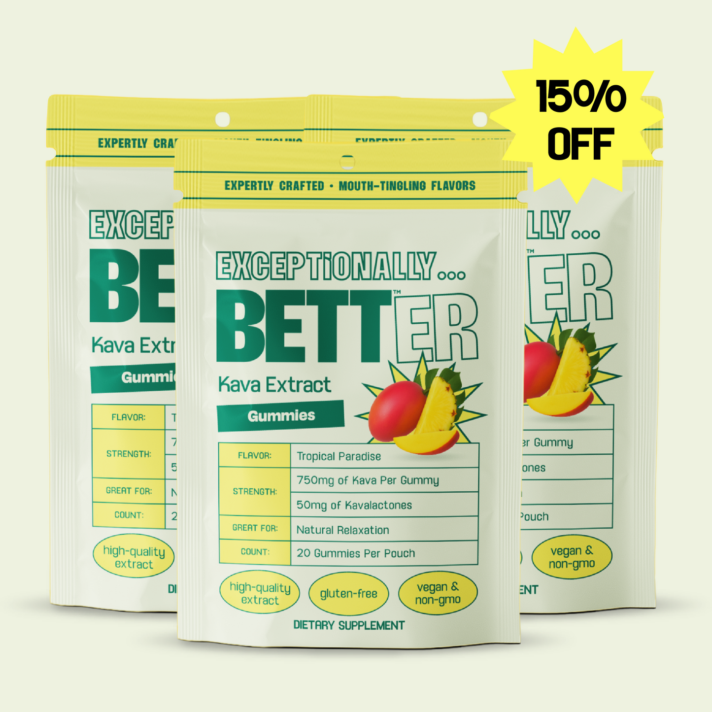 Kava Extract Gummies pouches — three-pack, front pouch shows 15% OFF star