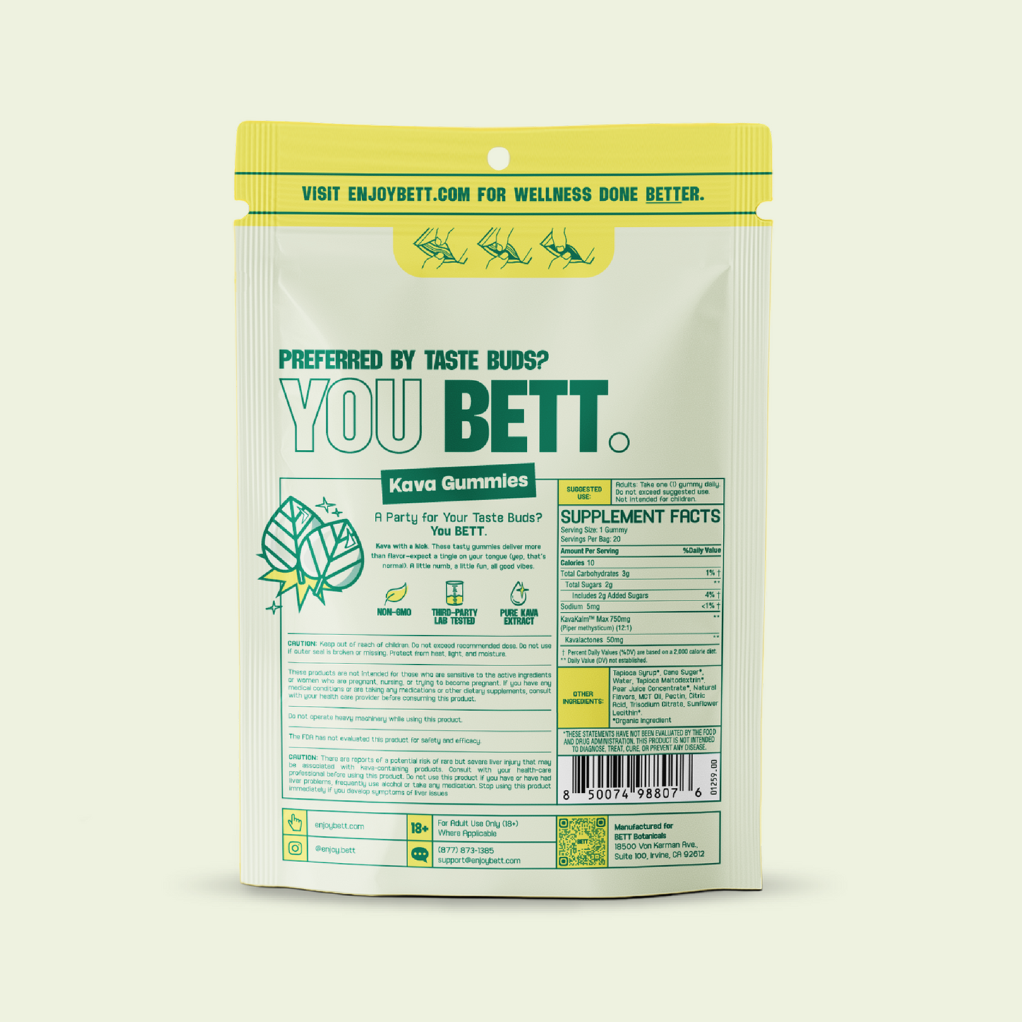 Pouch back labeled 'Natural Calm' with 'YOU BETT.' headline and 'Kava Gummies' product name, plus nutrition facts.