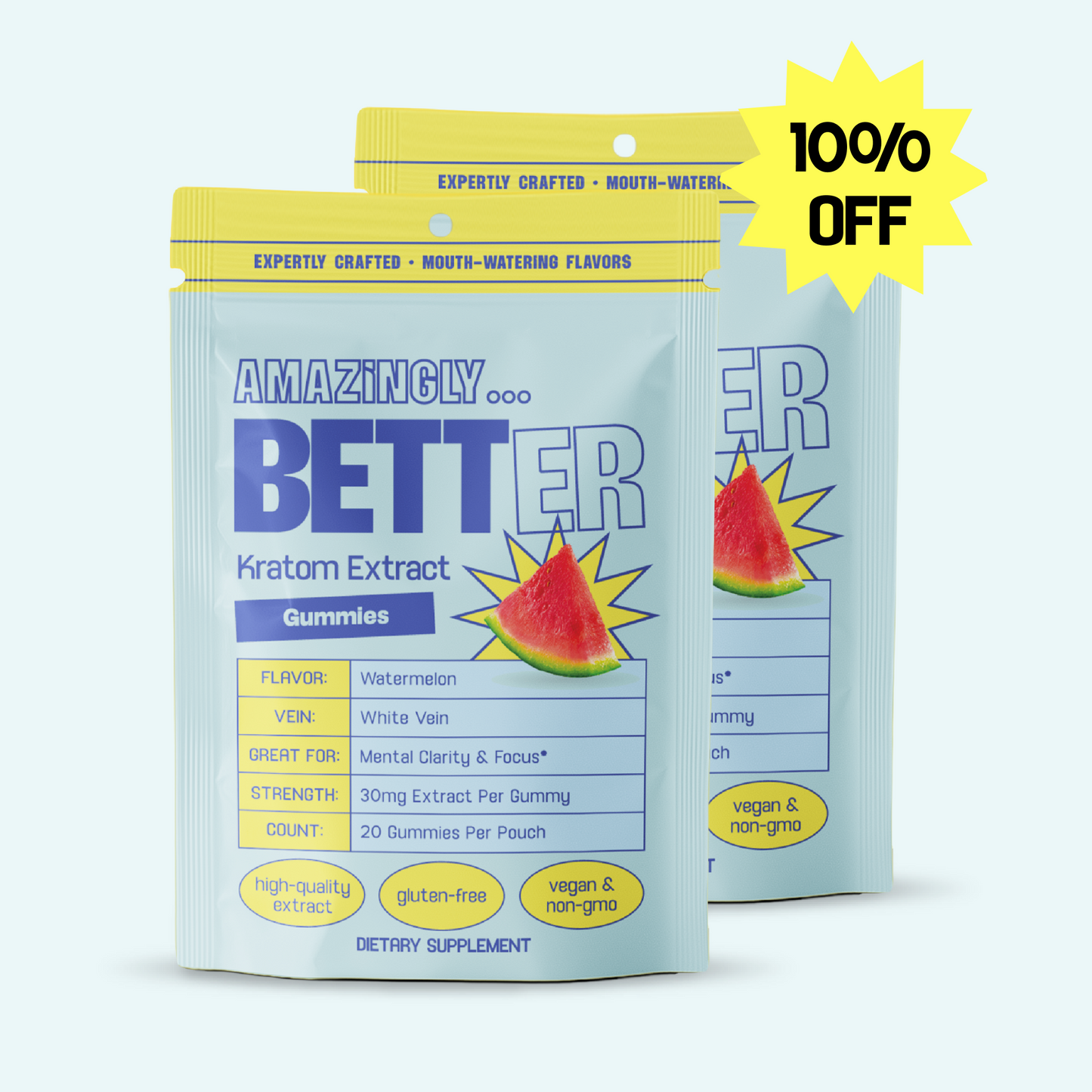Two packs of BETTER White Vein Kratom Extract Gummies with AMAZINGLY headline and 100% OFF badge.