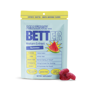 White Vein Kratom Gummies Pouch: Watermelon flavor; 20 gummies, 30mg extract per gummy.