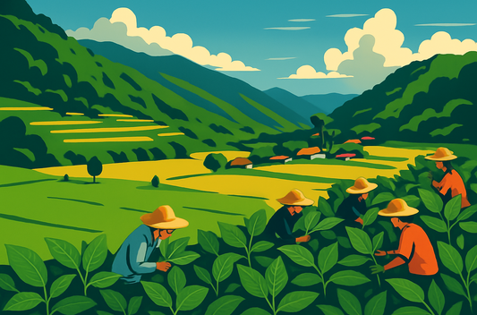 Farmers in straw hats harvesting kratom leaves across terraced green valley beneath mountains and clouds.
