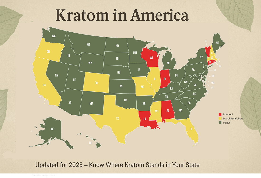 Map titled Kratom in America showing state-by-state kratom legality in the United States (2025) with legend: green legal, yellow local restrictions, red banned