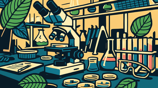 Stylized lab bench with microscope, flasks, test tubes, safety glasses and leaves suggesting plant-based research.