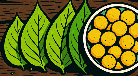 Stylized illustration of kava leaves beside a bowl of round yellow gummies on a wooden surface.