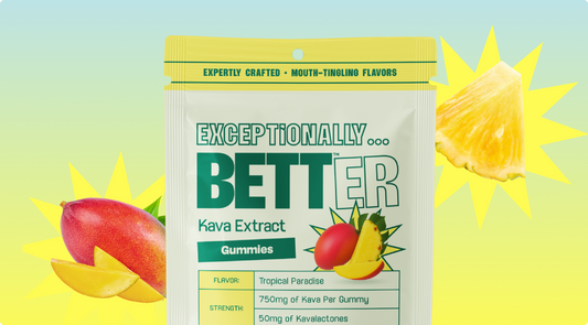 Pouch of 'BETTER' Kava Extract gummies, Tropical Paradise flavor, mango and pineapple graphics, label text and dosage table
