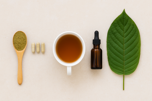 Flat-lay photograph of five kratom consumption methods arranged on a light beige background: a wooden spoon filled with green kratom powder, three capsules, a white cup of kratom tea, a brown glass tincture bottle, and a large green kratom leaf.