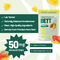Pouch of "Exceptionally Better" Kava Extract Gummies — Tropical Paradise, 50 mg kavalactones, 20 gummies per pouch.