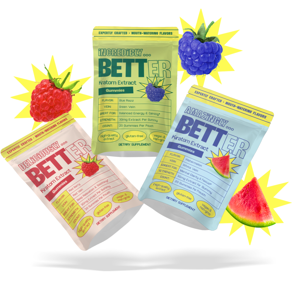 Three BETTER Kratom Extract Gummies pouches: Blue Razz (Green Vein); Watermelon (White Vein); Red Berry (Red Vein)