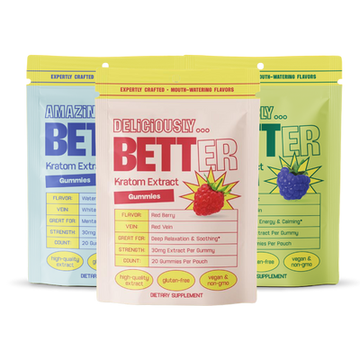 Three kratom gummy pouches; front pouch reads 'DELICIOUSLY... BETTER' and 'Kratom Extract Gummies', flavor Red Berry.