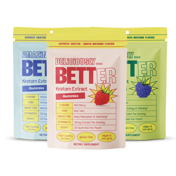 Three kratom gummy pouches; front pouch reads 'DELICIOUSLY... BETTER' and 'Kratom Extract Gummies', flavor Red Berry.