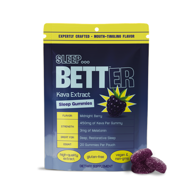 Sleep Better Kava Extract sleep gummies pouch, Midnight Berry flavor; 20 gummies, 450mg Kava per gummy, 3mg melatonin