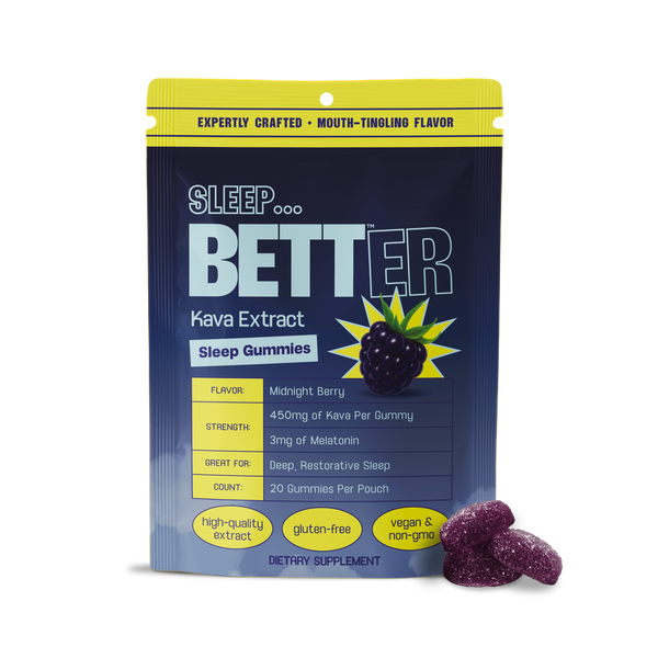 Sleep Better Kava Extract sleep gummies pouch, Midnight Berry flavor; 20 gummies, 450mg Kava per gummy, 3mg melatonin