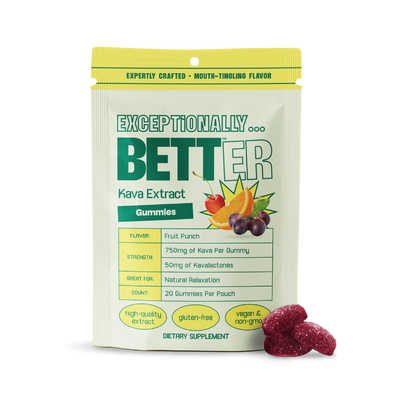 BETTER Kava Extract Gummies pouch — Fruit Punch; 750mg Kava/gummy; 20 gummies; gluten-free, vegan dietary supplement.