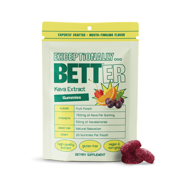 BETTER Kava Extract Gummies pouch — Fruit Punch; 750mg Kava/gummy; 20 gummies; gluten-free, vegan dietary supplement.