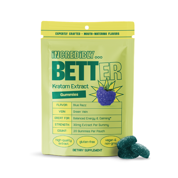 Pouch of Blue Razz green-vein kratom extract gummies, 20 gummies per pouch, dietary supplement