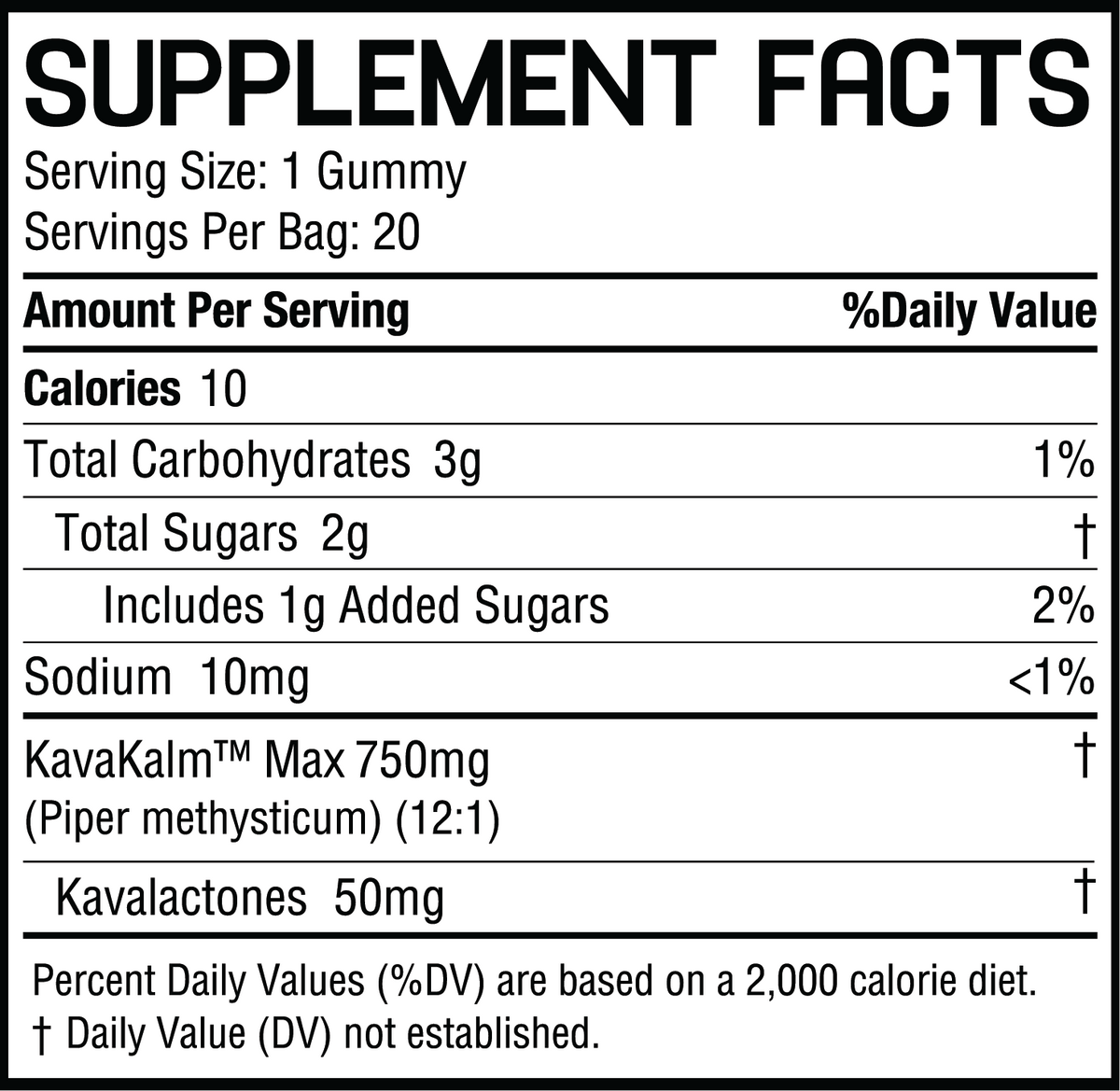 Supplement Facts: Serving Size 1 gummy; Calories 10; Carbs 3g; Sugars 2g (1g added); KavaKalm Max 750mg; Kavalactones 50mg