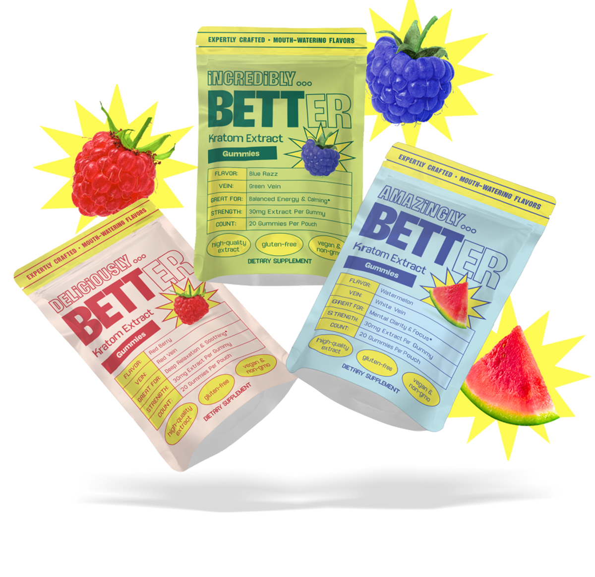 Three colorful kratom extract gummy pouches — Blue Razz, Red Berry, Watermelon with fruit illustrations