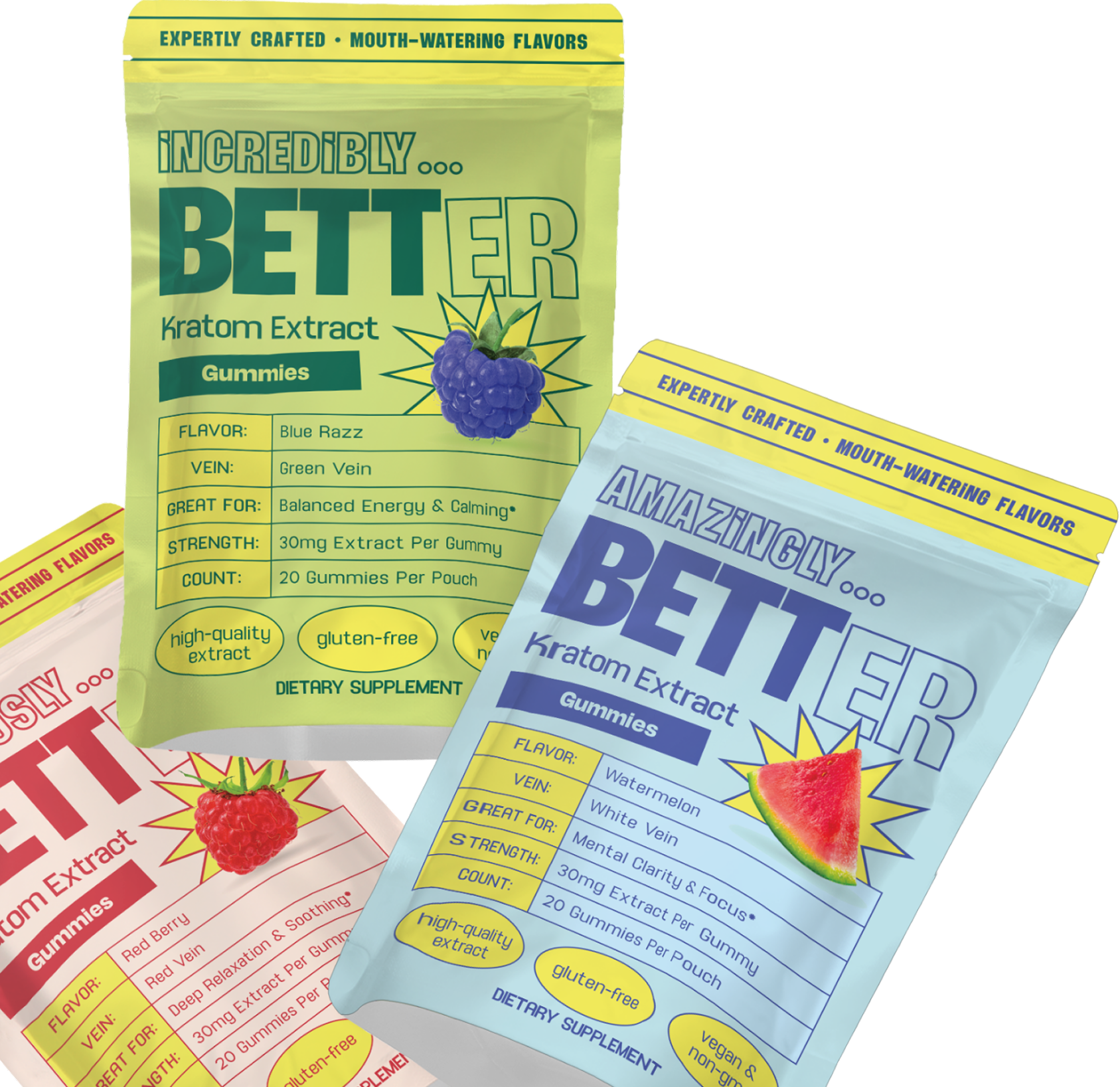 Three colorful 'BETTER' Kratom Extract gummies pouches showing flavor panels: Blue Razz, Watermelon, Red Berry.
