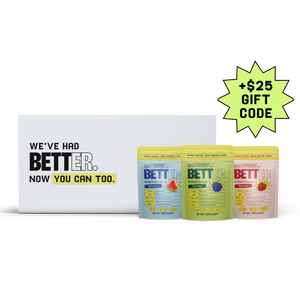 Sampler box with three Kratom gummy pouches labeled WE'VE HAD BETTER. NOW YOU CAN TOO. and a green starburst + GIFT CODE