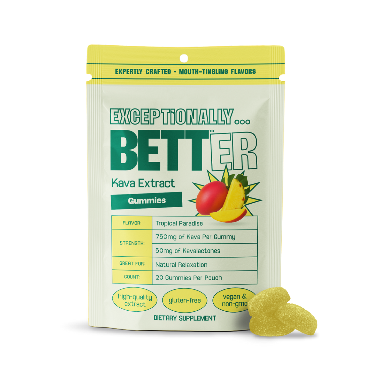 Natural Calm Kava Gummies — Tropical Paradise flavor, 20 gummies per pouch, dietary supplement