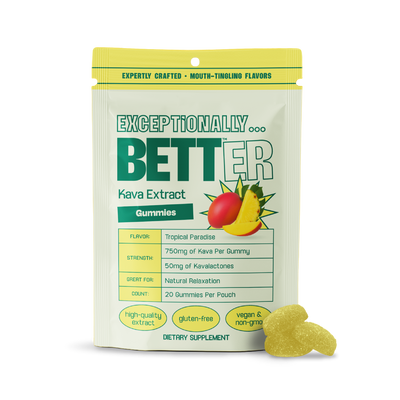 Exceptionally Better Kava Extract gummies, Tropical Paradise flavor; pouch front showing strength, count, and icons: gluten-free, vegan & non-gmo