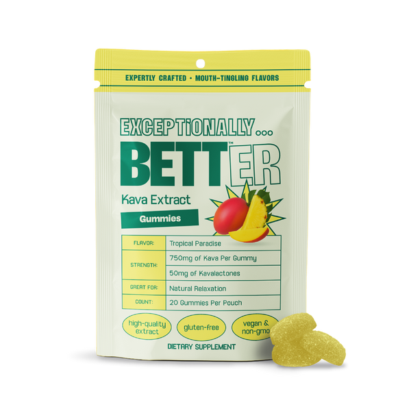 Exceptionally Better Kava Extract gummies, Tropical Paradise flavor; pouch front showing strength, count, and icons: gluten-free, vegan & non-gmo
