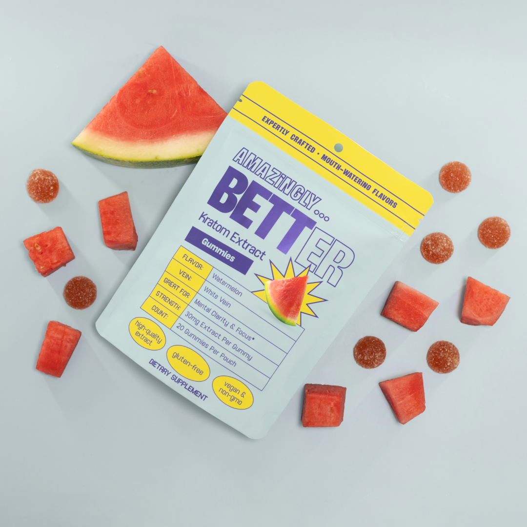 'Amazingly... BETTER' watermelon kratom extract gummies pouch (White Vein) with watermelon slices and sugar-coated round gummies