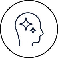 Head silhouette with two sparkles suggesting clarity, inspiration, or creative thinking.
