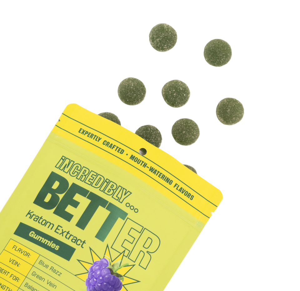 EXPERTLY CRAFTED • MOUTH-WATERING FLAVORS; INCREDIBLY... BETTER; kratom Extract; Gummies; FLAVOR: Blue Razz; VEIN: Green Vein