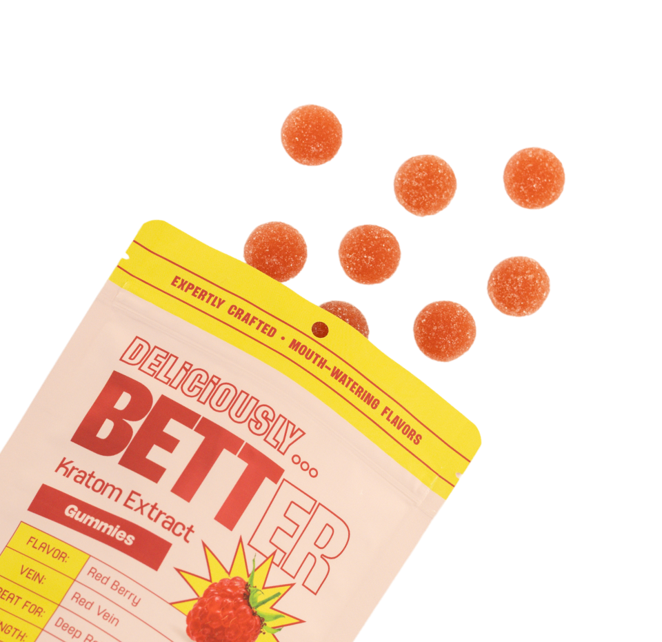 DELICIOUSLY... BETTER Kratom Extract Gummies - EXPERTLY CRAFTED · MOUTH-WATERING FLAVORS; FLAVOR: Red Berry; VEIN: Red Vein