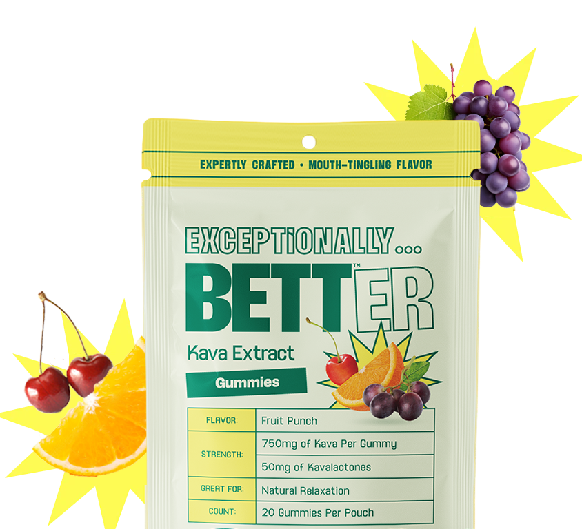 Exceptionally Better Kava Extract Gummies pouch — Fruit Punch flavor, 750mg kava per gummy, 50mg kavalactones, 20 gummies.