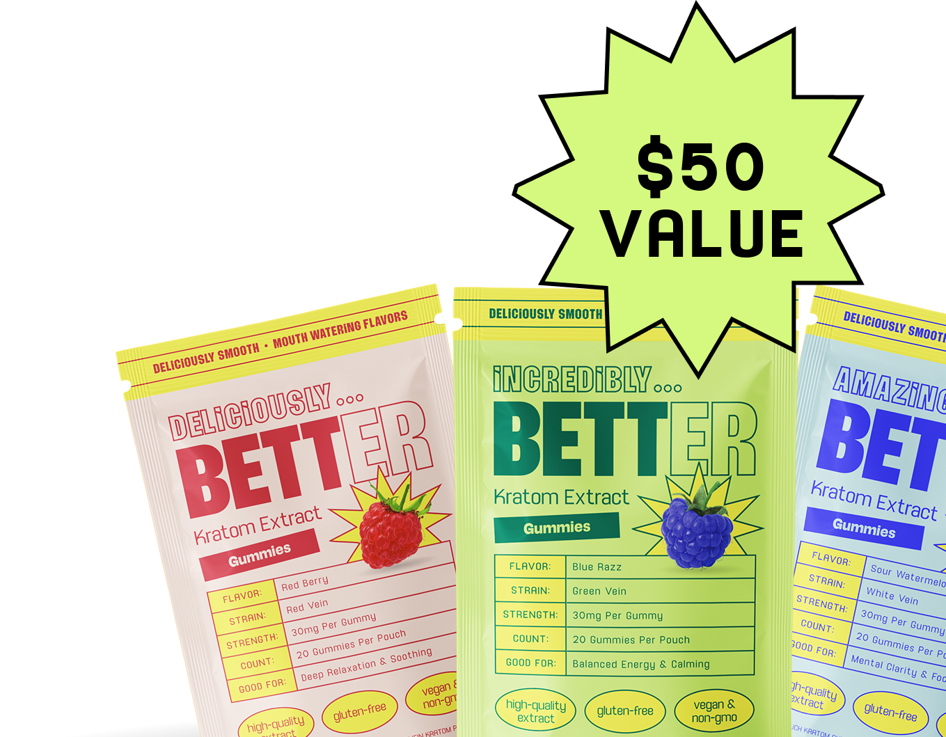 Three colorful Kratom Extract gummy pouches (red, green, blue) with a starburst reading VALUE